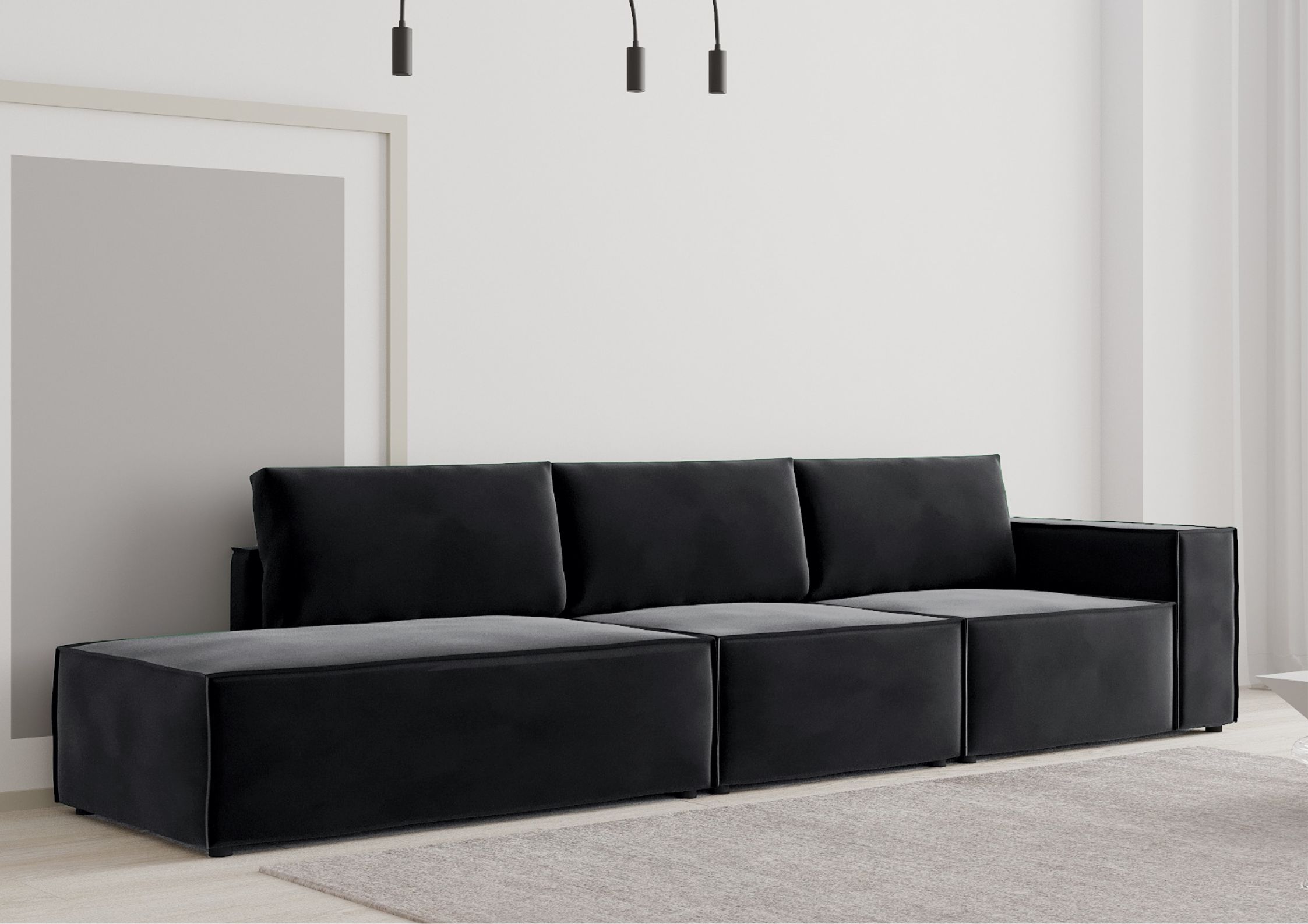 Czarna sofa z przeszyciem zewnętrznym